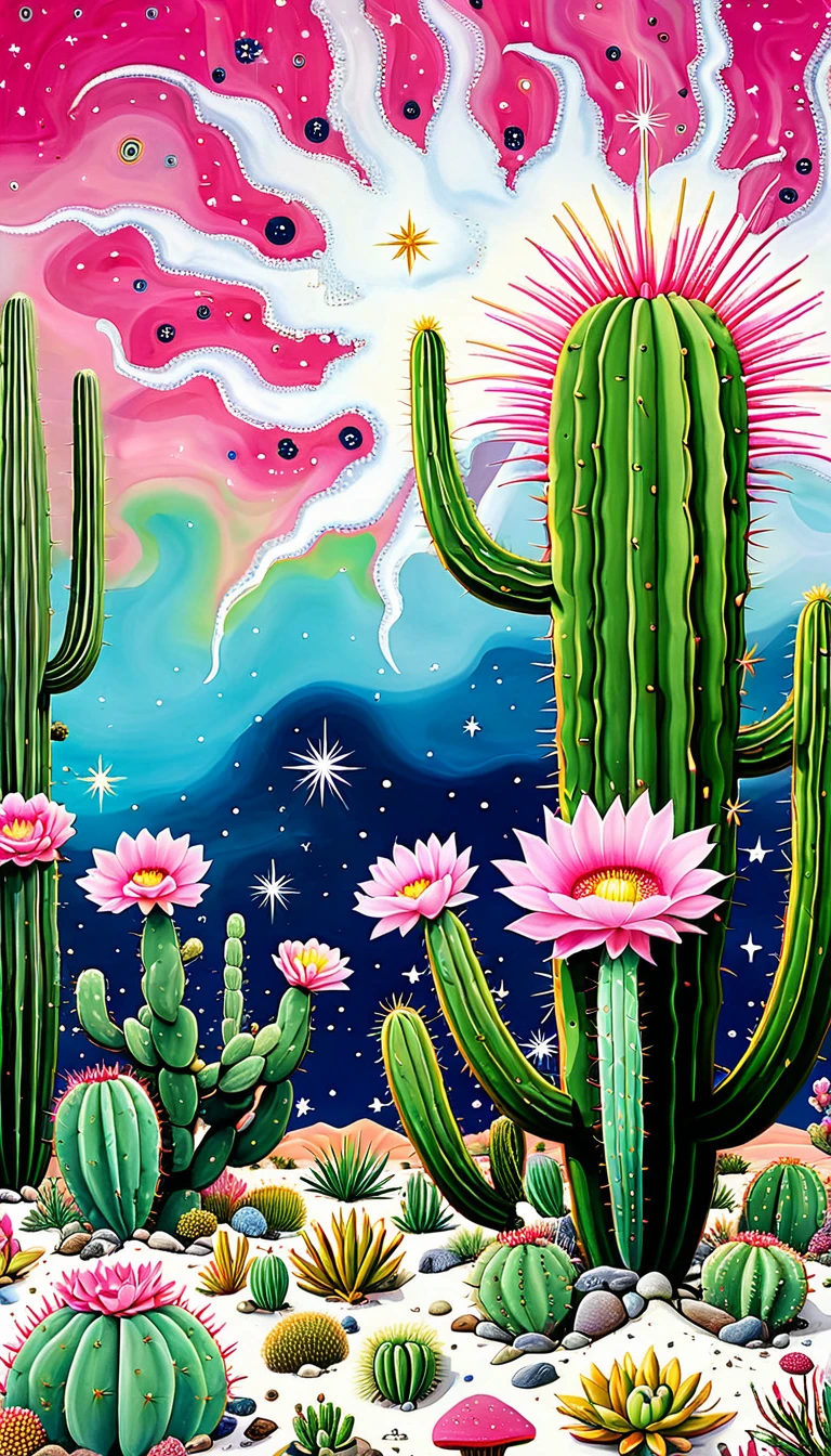 "Dick Ellescas Artist Style" Wide Desert,cactus,bacteria,Spore powder,Fungi,Marine Life,plant,flower,Tentacles,Eye、Starry Sky,Stitching together an abstract painting,Describing the inner world of autistic people,Sense of space,White Space,interesting,Innocence,Psychedelic Art,Pink theme
