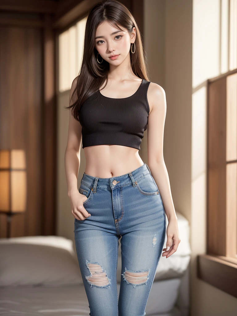 8K, masutepiece, Very sexual body 、Raw foto, Best Quality, More bold exposure 、Photorealistic, Wallpapers with extreme details CG Unity 8K, depth of fields, Cinematic Light, lensflare, Ray traching, (Extremely beautiful face, Beautiful lips, beautidful eyes), intricate detail face, ((Ultra Detail Skin)) 1girl in, (Korean model Kim Daun, Dhoni), (Korean model Kim Daun, Dhoni), (Korean model Kim Daun, Dhoni), (Korean model Kim Daun, Dhoni), (Korean model Kim Daun, Dhoni),1 girl, (very thin muscular body:1.3), ((look up at viewer)),(huge smile:1.3), (blured background), A glimmer of light), (No people in the background.:1.3), Beautiful earrings, Clear eyes, Front shot, (pale-skinned), (Big eyes), (Big eyes) (Big eyes), (Big eyes), (Big eyes), Facing forward, (Full body shot), (ligh brown hair), Open the navel............, (look up at viewer:1.3), Very slim, a slender waist, small hips, , a slender waist, small hips, a slender waist, small hips, a slender waist, small hips, ((wide open abdomen))、((open abdomen))、((wide open navel))、((open navel))、((Bare belly))、((Mid-Riff Sweater))、((Ultra-low rise、Denim Mini Skirt))、 ((Navel Ejection))、((small hips))、((Full body depiction))、((small hip))、(boots)、((Super Ultra-low rise))、((Ultra-micro Denim Mini Skirt))、((is standing))、)