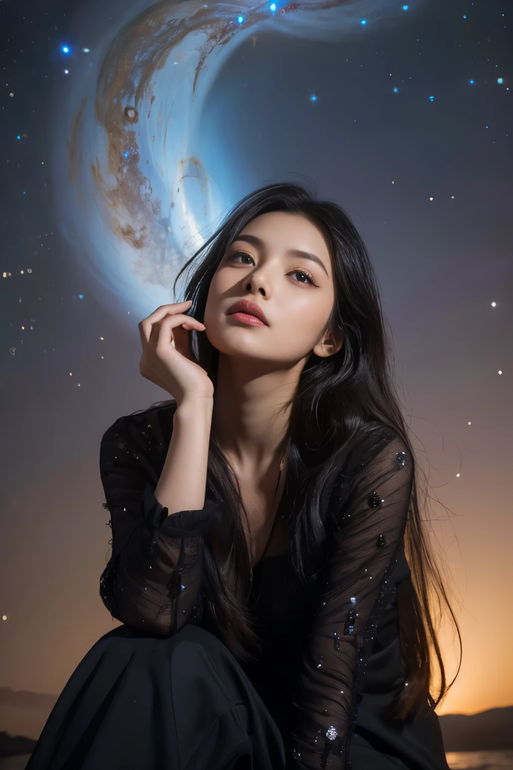 (best quality,4k,highres),beautiful girl with mesmerizing eyes,gorgeous galaxy viewing,sparkling stars,soft cosmic colors,ethereal atmosphere,peaceful serenity,celestial wonders,wonderful universe,stellar beauty,romantic stardust,celestial portrait,cosmic perspective,astounding cosmic art,galactic elegance,transcendent charm,celestial goddess,cosmic enchantment,cosmic girl admiring the magnificent galaxy,cosmic dreamworld,galactic reverie,cosmic masterpiece:1.2, full body, black long cosmic dress, sitting on stars, floating , black long hair, knee