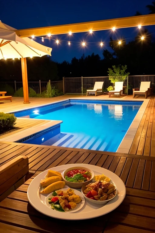 Night pool, lots of food on the poolside table, pool party