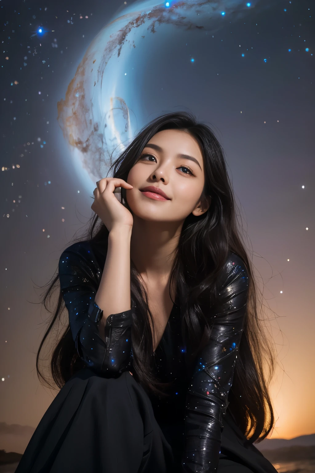 (best quality,4k,highres),beautiful girl with mesmerizing eyes,gorgeous galaxy viewing,sparkling stars,soft cosmic colors,ethereal atmosphere,peaceful serenity,celestial wonders,wonderful universe,stellar beauty,romantic stardust,celestial portrait,cosmic perspective,astounding cosmic art,galactic elegance,transcendent charm,celestial goddess,cosmic enchantment,cosmic girl admiring the magnificent galaxy,cosmic dreamworld,galactic reverie,cosmic masterpiece:1.2, full body, black long cosmic dress, sitting on stars, floating , black long hair, knee, smile