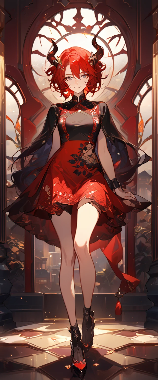 masterpiece, best quality, 8k ,4k , 1girl, teenage girl, dragon girl, red hair, gray eyes, big chest, slender waist, small waist, small thigh, horn, hair ornament, finely detailed eyes and detailed face, looking at viewer, Black sleeveless top, transparent embroidery skirt, skirt to the knee, majestic looks, smiling gently, Lace dress, patterned clothes, red scale scattered pattern clothes, meticulous clothes, revealing clothes, mature clothes, majestic looks, smiling gently, small bird, full body, artist : ask, art style : ask