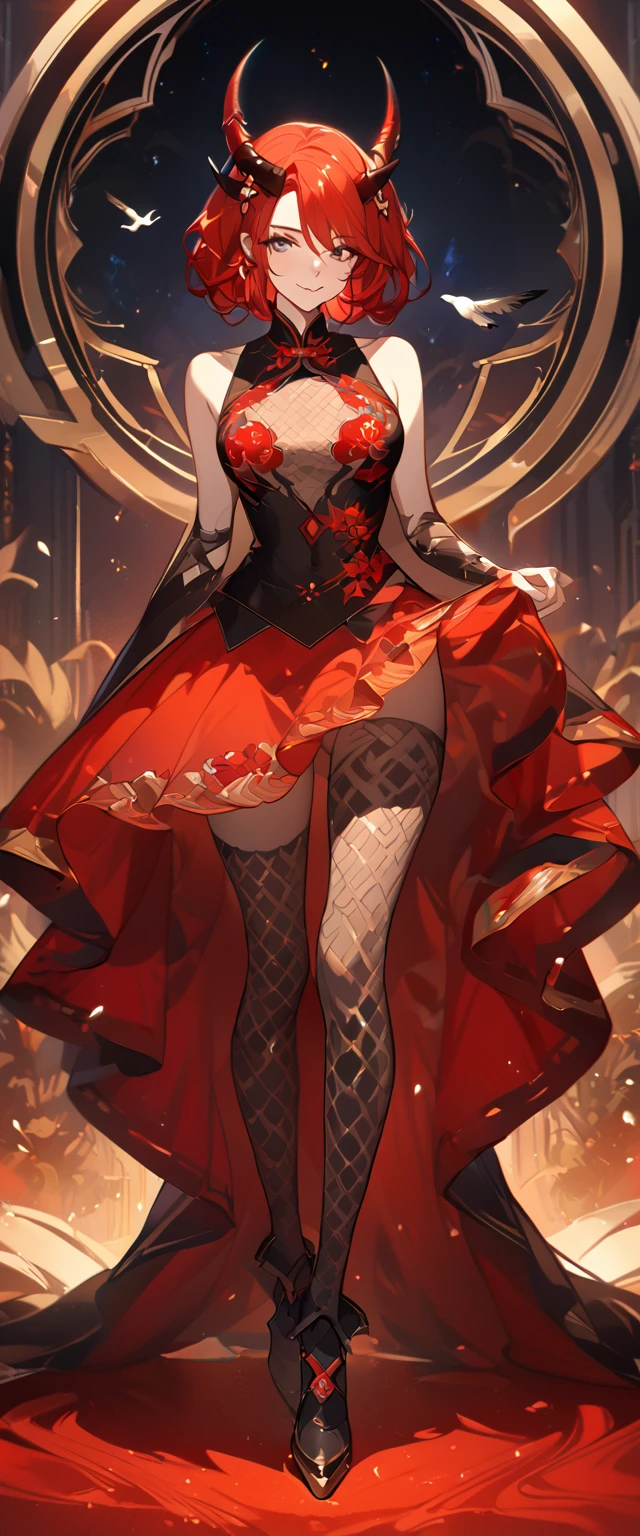 masterpiece, best quality, 8k ,4k , 1girl, teenage girl, dragon girl, red hair, gray eyes, big chest, slender waist, small waist, small thigh, horn, hair ornament, finely detailed eyes and detailed face, looking at viewer, Black sleeveless top, transparent embroidery skirt, skirt to the knee, majestic looks, smiling gently, Lace dress, patterned clothes, red scale scattered pattern clothes, meticulous clothes, revealing clothes, mature clothes, majestic looks, smiling gently, small bird, full body, artist : ask, art style : ask