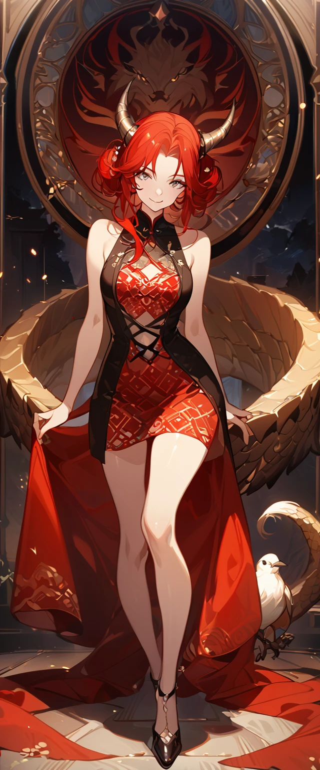 masterpiece, best quality, 8k ,4k , 1girl, teenage girl, dragon girl, red hair, gray eyes, big chest, slender waist, small waist, small thigh, horn, hair ornament, finely detailed eyes and detailed face, looking at viewer, Black sleeveless top, transparent embroidery skirt, skirt to the knee, majestic looks, smiling gently, Lace dress, patterned clothes, red scale scattered pattern clothes, meticulous clothes, revealing clothes, mature clothes, majestic looks, smiling gently, small bird, full body, artist : ask, art style : ask