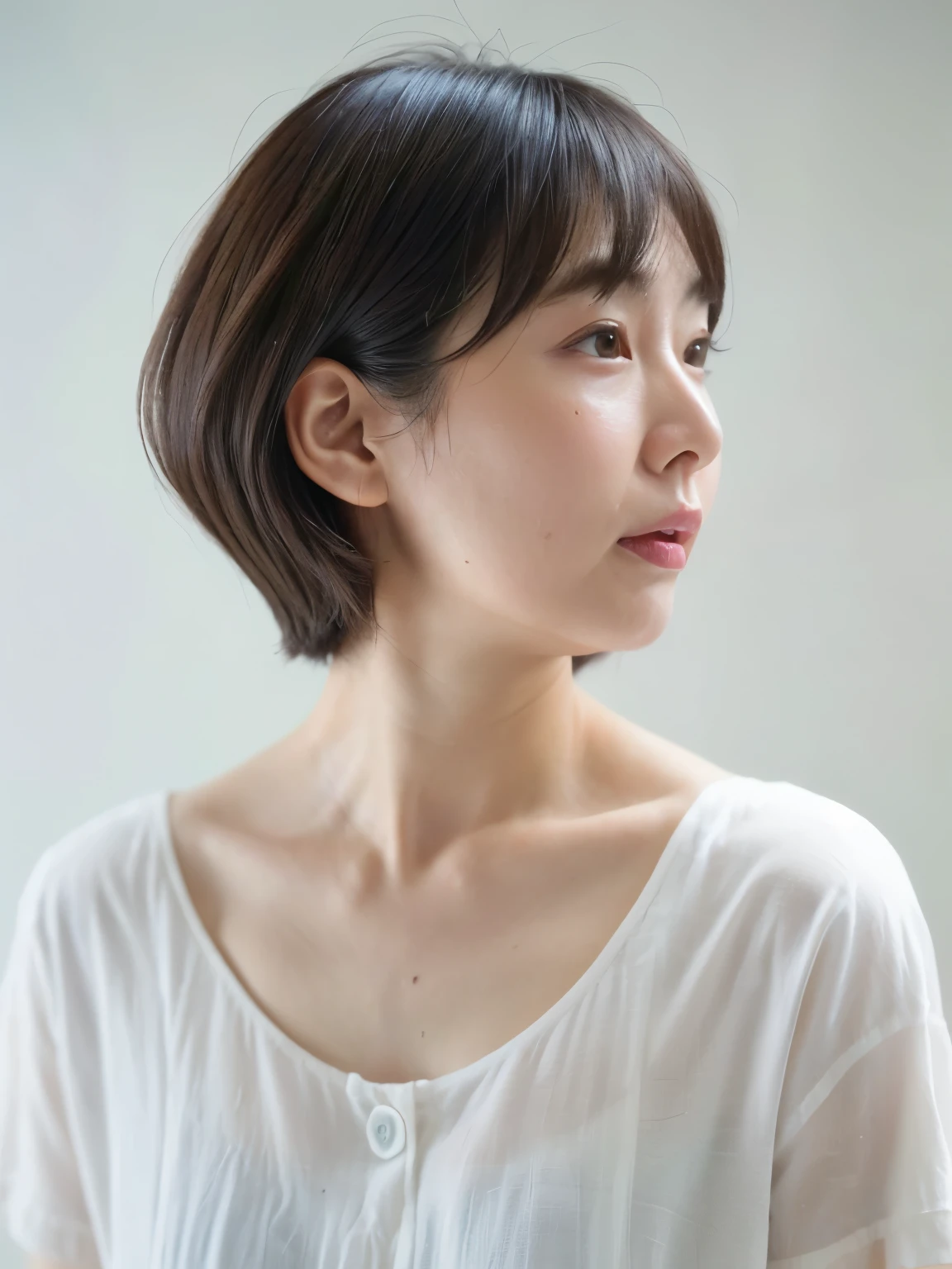 Short sleeve shirt、４０A chubby Japanese woman in her thirties、(White wall in the background、Gray hair)、profile、Photographed in front of a white wall、Layered Cut、Very delicate hair、(In a room with white walls and windows)、((Highest quality、8K、masterpiece:1.3))、Ultra-high resolution、(photoGenuineistic:1.4)、RAW Photos、Japanese,(detailed aspects)、Genuine、Photographed in natural light、Highly detailed face and skin texture、Highly detailed lips、The correct state of the human body、Shortcuts、Short Hair、Various poses、Natural color lip