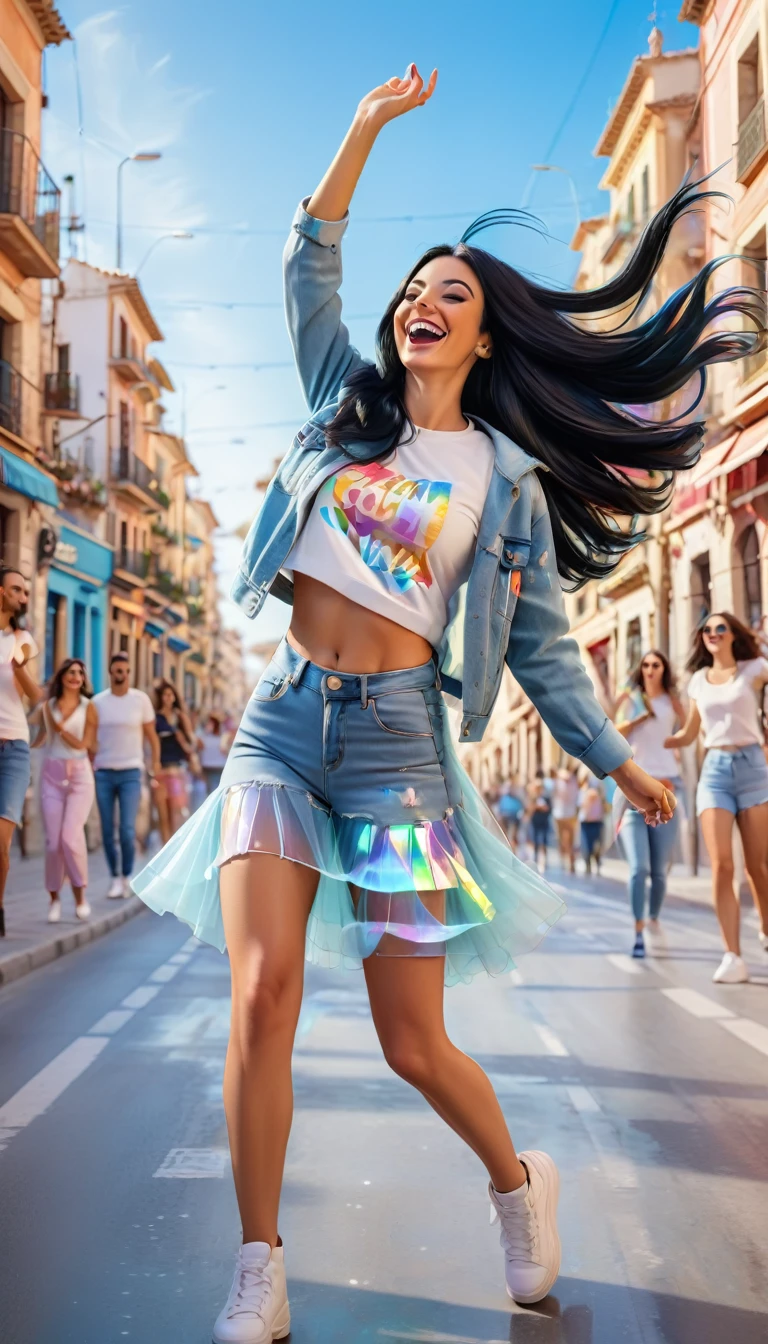 Adult women with STRAIGHT and LONG BLACK HAIR, spain, dressed in urban clothes, In an urban landscape and holographic signs、DANCING HAPPY. HANDS RAISED on the road. are drinking and laughing, The background is modern, high tech vibe. Lovely Digital Painting, 3D rendering, Bright lighting, swirly vibrant colors. adult people, pessoas bonitas, long and straight hair