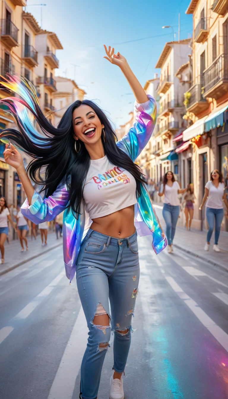 Adult women with STRAIGHT and LONG BLACK HAIR, spain, dressed in urban clothes, In an urban landscape and holographic signs、DANCING HAPPY. HANDS RAISED on the road. are drinking and laughing, The background is modern, high tech vibe. Lovely Digital Painting, 3D rendering, Bright lighting, swirly vibrant colors. adult people, pessoas bonitas, long and straight hair