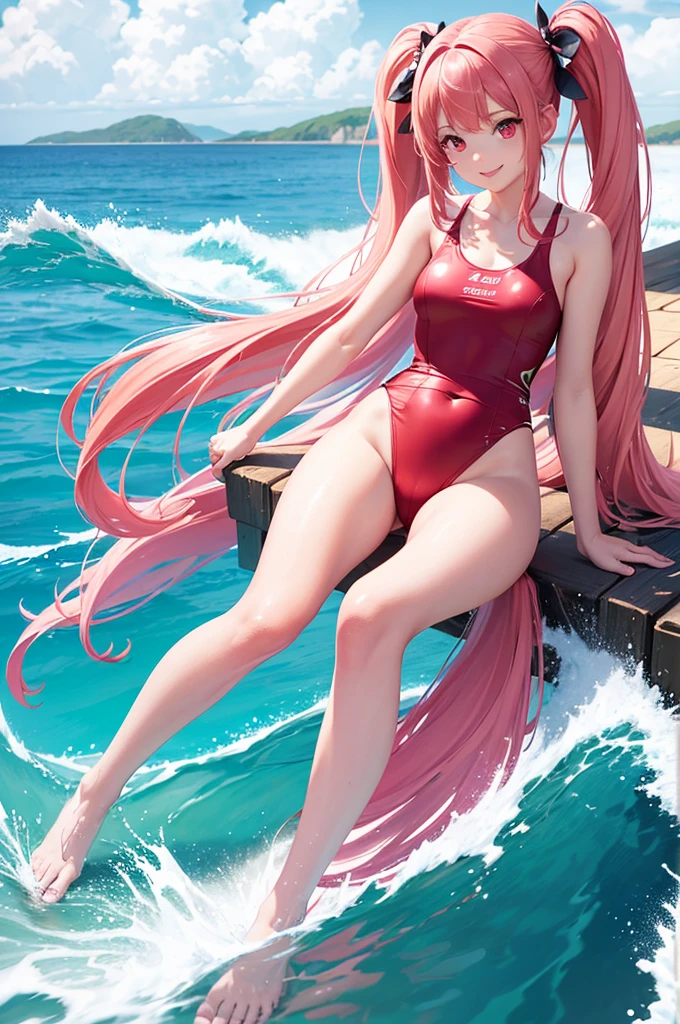 1girl, beautiful girl, cute girl and idol face, young face, smile, Beautiful long pink hair, twintails, Beautiful shining red eyes, white skin, slender, Short body, One-piece swimsuit, show full body, Summer Sea, Seaside, bathing beach, Girl playing with waves on the beach, Dynamic girl


