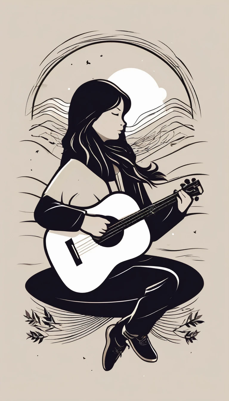 A minimal, modern, simple, cinematic, minimalistic logo design for the brand “Penamemoria". The logo design must be a simple, magical feather and a boy running and holding an acoustic guitar. The logo must convey a sense of music, stories and dreams. Logo design impressed on a book cover. Minimalistic logo