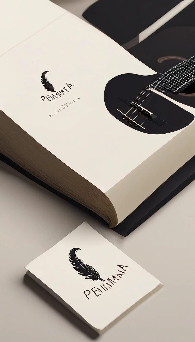 A minimal, modern, simple, cinematic, minimalistic logo design for the brand “Penamemoria". The logo design must be a simple, magical feather and a boy running and holding an acoustic guitar. The logo must convey a sense of music, stories and dreams. Logo design impressed on a book cover. Minimalistic logo
