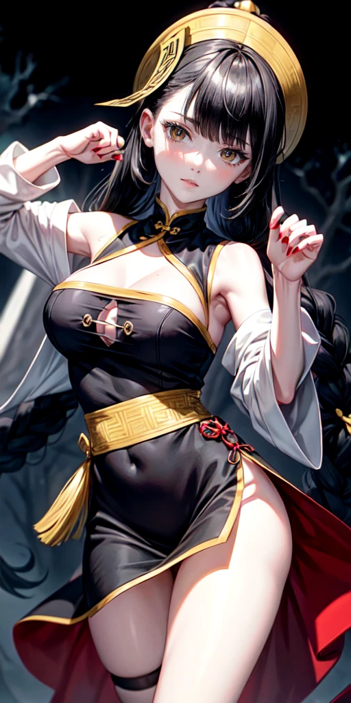 lora:flat:-1.2, masterpiece, best quality, 4k, 8k, 1 woman, solo, pale skin, tall stature, long hair, blunt bangs, side braid, black hair, ugly face, bad face, bad eyes, droopy eyes, unclear eyes, ruby red eyes, lemon yellow eyes, pale skin, black eyeliner, black eye shadow, heterochromia, slender frame, frightened, ofuda, jiangshi costume:1.2, sheath long skirt, China dress, fang, horror, coffin, forest, dark night, stormy weather, fog, from front, cowboy shot, look at viewer, paw pose,