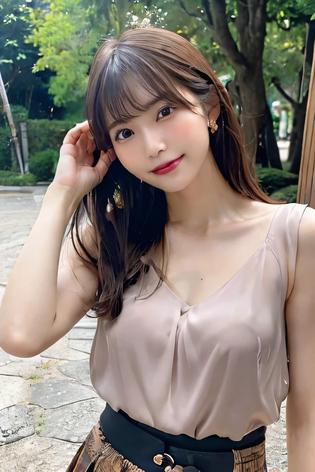 (Tabletop:1.3), High resolution, Ultra-detailed, Highly detailed CG Unity 8k wallpaper, Realistic, Photorealistic, RAW Photos, Beautifully detailed face, Pale skin, Realistic glowing skin, Detailed cloth texture, Detailed hair texture, Perfect body, Beautiful Face, Acura, Anatomically correct, Highly detailed face and skin texture, Natural neck length, (Beautiful Hands), (Fair skin:1.2), Thin legs, Thin legs, Wet body:1.1, Wet Hair,
break,
Fine grain, Symmetrical eyes, Light brown eyes, double eyelid, Thin eyebrows, (Glossy Lips:1.4), (smile:1.3), (blush:1.1),
break,
(Very cute girl:1.3), (Blouse and skirt:1.2), Medium chest:0.8, (Firm breasts, Nicely shaped breasts, Slim figure:1.1), ((流したbangs:1.2)),
break,
((Seductive pose:1.3)), (Outdoor), (Cowboy Shot:1.2), View your viewers, Distance from bottom, Place your right hand on your head, Japanese, 20-year-old, Black Hair, bangs,