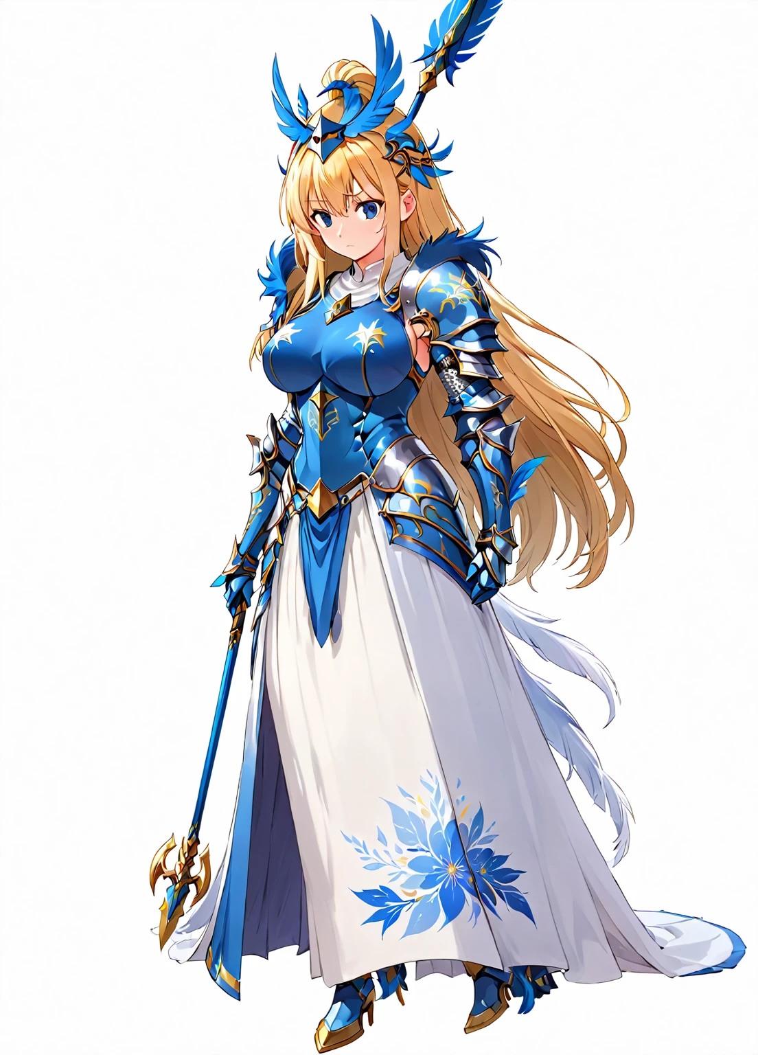 Highest quality, high resolution, High quality game art style, whole body,Valkyrie,Official Art, Smooth game CG art,Cute 3D anime girl render, Visual Novel Sprites, White background,Smooth game CG art, (((Woman with a long spear))),A woman wearing a white dress and blue armor, An intricately designed helmet with white feathers,Small shield, (((Has an exquisite long spear))),Exquisite Blue Armor,Golden Hair, long hair, female knight, Rin々Shii,Don't like to think,Large Bust,17 years old,