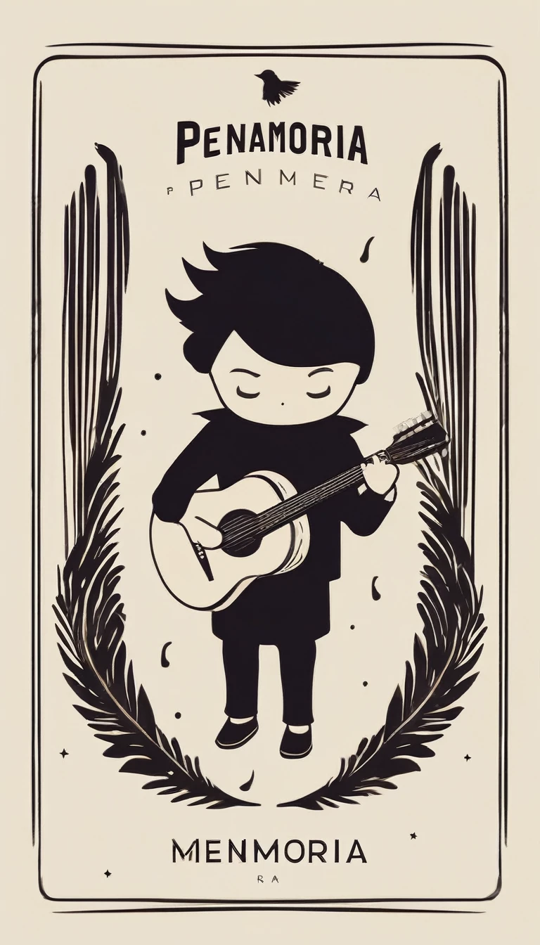 A minimal, modern, simple, cinematic, minimalistic logo design for the brand “Penamemoria". The logo design must be a simple, magical feather and a boy running and holding an acoustic guitar. The logo must convey a sense of music, stories and dreams. Logo design impressed on a book cover. Minimalistic logo