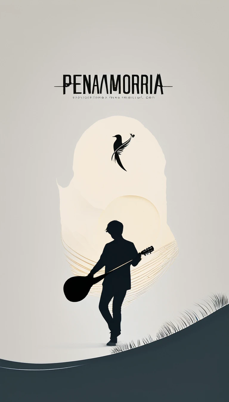 A minimal, modern, simple, cinematic, minimalistic logo design for the brand “Penamemoria". The logo design must be a simple, magical feather and a boy running and holding an acoustic guitar. The logo must convey a sense of music, stories and dreams. Logo design impressed on a book cover. Minimalistic logo