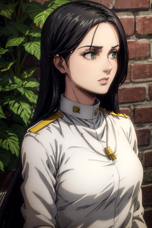 35 year old woman, long black hair, greeneyes, neutral expression, necklace on the neck, White military uniform, marley, liberio,