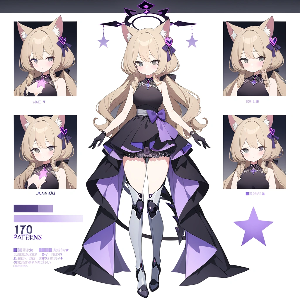woman 170 cm tall, slim build, medium chest, wide hip. (character design sheet: Full body front view). (Hip-length dark blonde hair with a short center strand, wavy hair with curls, She has a short braid tied with an elegant purple bow on the left side of her hair.. She has a short braid tied with an elegant purple bow on the right side of her hair. She has small ribbons in the back of her hair.). Gray eyes with small purple details. Two black and purple serval ears located on the top of the head. Luminous black halo with purple star patterns above his head. black necklace with heart emblem on the neck. (Elegant one-piece long dress with lace and ruffle skirt, ribbon decorations and star patterns on the dress). black gloves. gray belt at the waist with a large ribbon with a luminous pink heart in the middle. It has a succubus tail with a small purple star on the tip. (It has complex mechanical legs that reach up to the thighs and are black with small purple details.). beautiful detailed hair, beautiful detailed dress. extremely detailed arms. extremely detailed face, small face, Beautiful detailed eyes, beautiful detailed lips. adorable. extremely detailed legs. (Best Quality, 4k, 8k, high resolution), ultra detailed, Exquisite and epic character art.