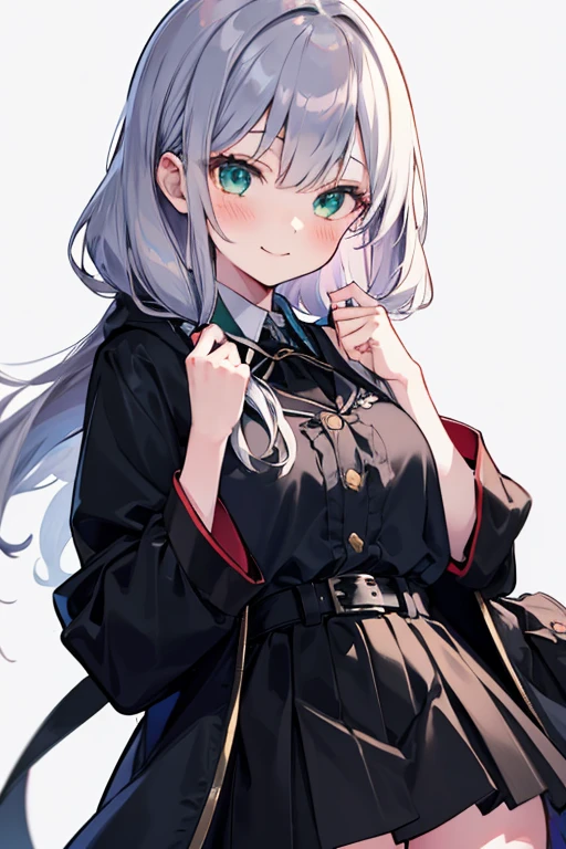 blush, 1 Girl, smile, alone, green_eye, Closed_mouth, 前hair, black_skirt, blackリボン, virtual_YouTuber, Silver_hair, Simple_background, Open_Clothes, dress, black_belt