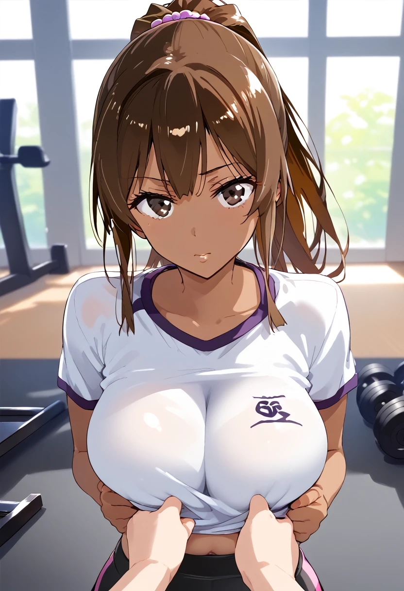 human, ((1girls)), 18 years old, beautiful, ponytail, brown hair, black eyes, black gayo outfit, Z cup breasts, tight shirt, pulled waist, brown skin, fair body, 1m78, gym, deserted, Pov, body touching, curious feelings, ((Takeda Hiromitsu style))