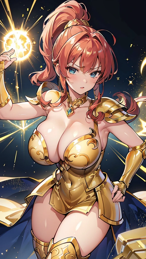 Gold Armor, 4K image, rallies, best quality, masterpiece, movie lighting ,Sexy,Large Breasts,Cleavage,action,In battle,cleavage,anger,noble,Light beams from hands,Golden lightning all around,red hair,ponytail hairstyle,Saint Seiya Leo Aiolia,Wink,lipstick