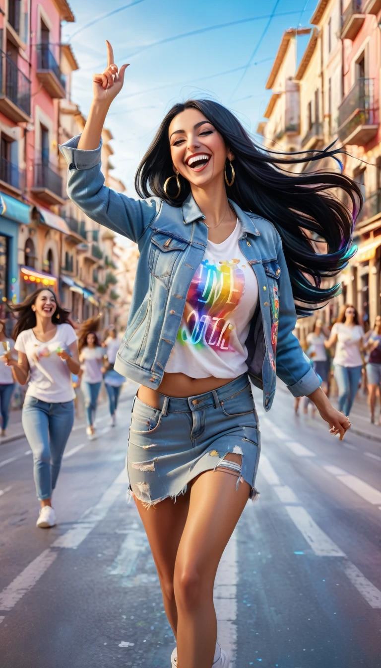 Adult women with STRAIGHT and LONG BLACK HAIR, spain, dressed in urban clothes, In an urban landscape and holographic signs、DANCING HAPPY. HANDS RAISED on the road. are drinking and laughing, The background is modern, high tech vibe. Lovely Digital Painting, 3D rendering, Bright lighting, swirly vibrant colors. adult people, pessoas bonitas, long and straight hair