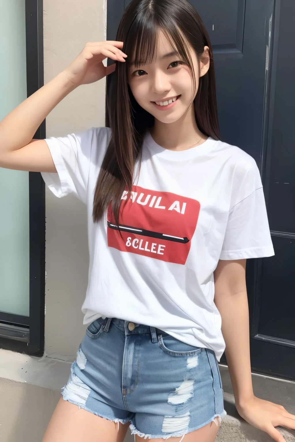 Female college student, Japanese, 19 years old, straight hair, smiling, white T-shirt, denim shorts, no text on T-shirt, no damage to shorts