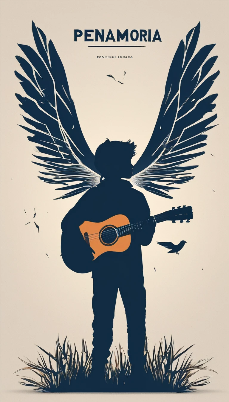 Create a modern, minimalistic logo design for a brand about music and movies called " Penamemoria". The logo must be in minimalistic style and convey a sense of storytelling. The logo is the silhouette of a boy and a bird. The boy is running with open arms, holding an acoustic guitar in the right hand and a bird feather in the left hand. Minimalistic logo design impressed on a book cover
