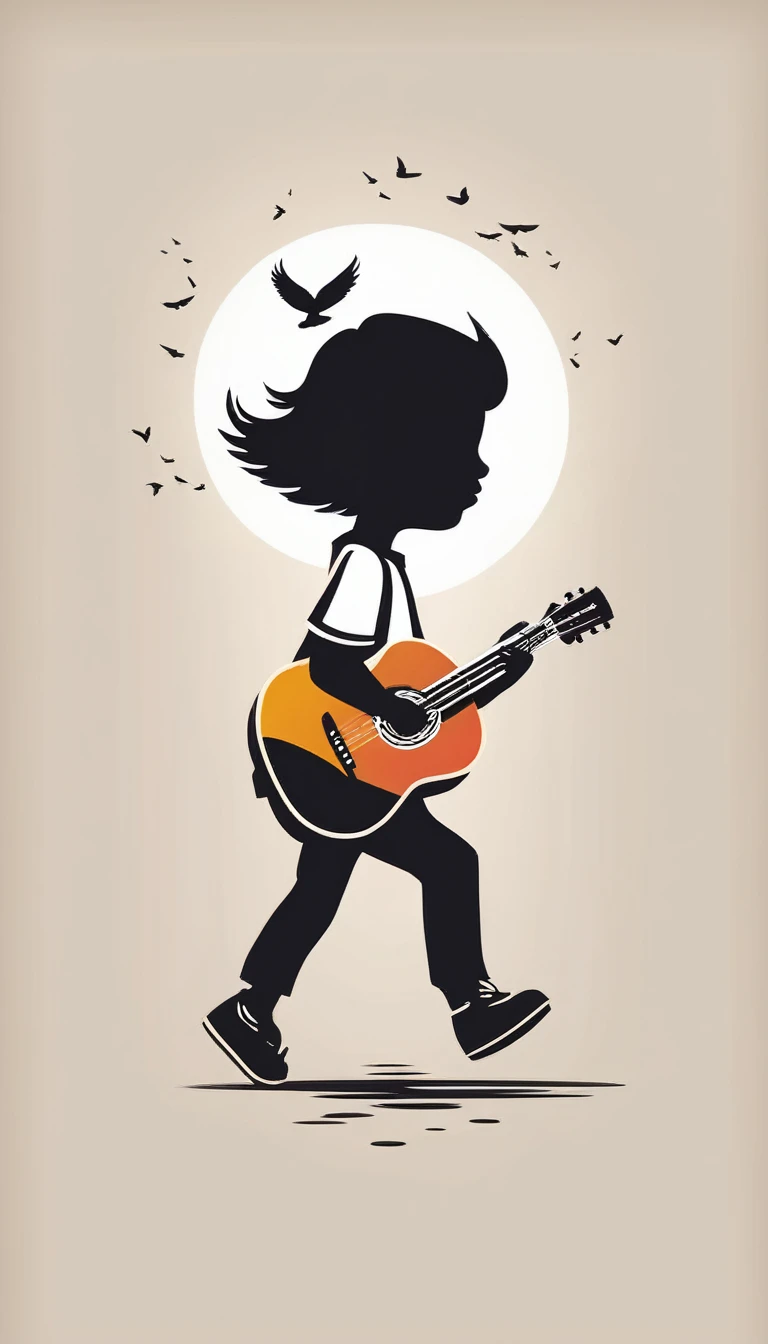 Create a modern, minimalistic logo design for a brand about music and movies called " Penamemoria". The logo must be in minimalistic style and convey a sense of storytelling. The logo is the silhouette of a boy and a bird. The boy is running with open arms, holding an acoustic guitar in the right hand and a bird feather in the left hand. Minimalistic logo design impressed on a book cover
