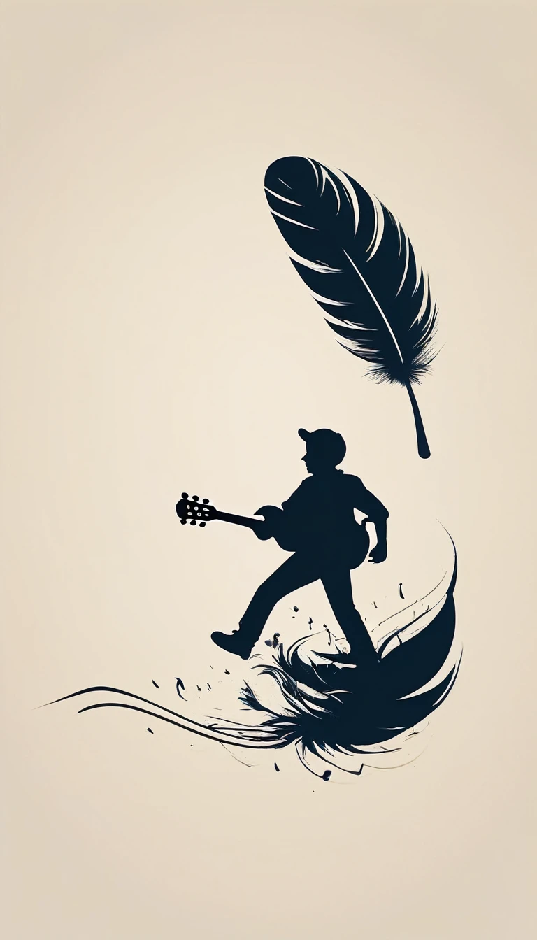 Create a modern, minimalistic logo design for a brand about music and movies called " Penamemoria". The logo must be in minimalistic style and convey a sense of storytelling. The logo is the silhouette of a boy and a bird. The boy is running with open arms, holding an acoustic guitar in the right hand and a bird feather in the left hand. Minimalistic logo design impressed on a book cover