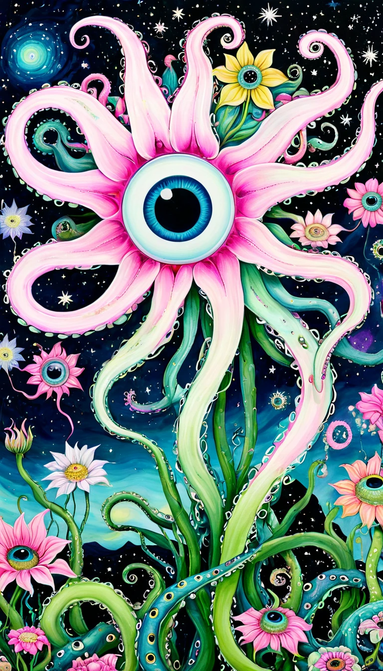 &quot;Dick Ellescas Artist Style&quot; Monster，plant，flower，Tentacles，Eye、Starry Sky，Stitching together an abstract painting，Describing the inner world of autistic people，Sense of space，White Space，interesting，Innocence，Psychedelic Art，Pink theme