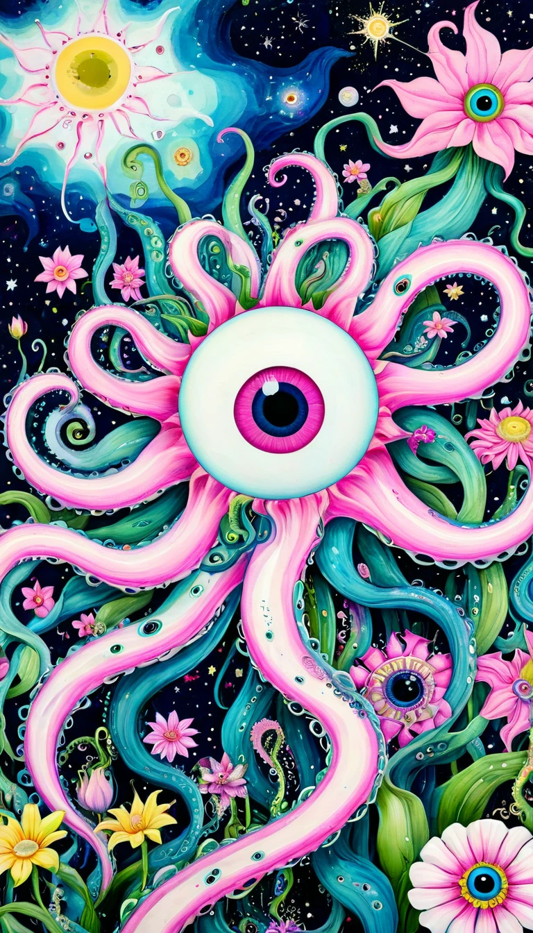 &quot;Dick Ellescas Artist Style&quot; Monster，plant，flower，Tentacles，Eye、Starry Sky，Stitching together an abstract painting，Describing the inner world of autistic people，Sense of space，White Space，interesting，Innocence，Psychedelic Art，Pink theme