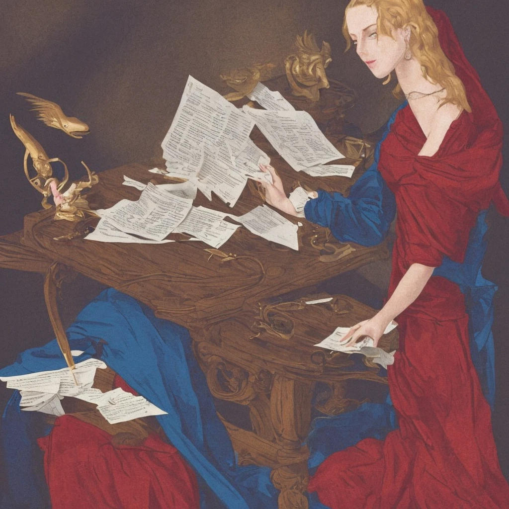 (Masterpiece: 1.2, Best Quality), Vector style, Best Quality, Masterpiece, Highly Detailed, Semi Realistic, 1 Girl, Mature Female, 21 Years Old, Blond Hair, Shoulder length Short Hair, Left Eye Covered with Hair, Blue Eyes, King's Clothes, Red Cloak, Slim Figure, Crown Made of Precious Gold, Reading Documents, Marking Documents, Goose Hair Pen, Office Table, Soft Bench, Palace, In the palace, during the Middle Ages