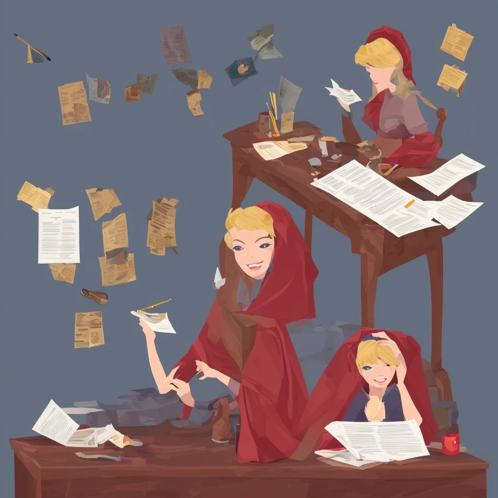(Masterpiece: 1.2, Best Quality), Vector style, Best Quality, Masterpiece, Highly Detailed, Semi Realistic, 1 Girl, Mature Female, 21 Years Old, Blond Hair, Shoulder length Short Hair, Left Eye Covered with Hair, Blue Eyes, King's Clothes, Red Cloak, Slim Figure, Crown Made of Precious Gold, Reading Documents, Marking Documents, Goose Hair Pen, Office Table, Soft Bench, Palace, In the palace, during the Middle Ages
