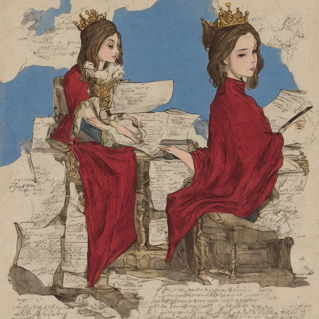 (Masterpiece: 1.2, Best Quality), Vector style, Best Quality, Masterpiece, Highly Detailed, Semi Realistic, 1 Girl, Mature Female, 21 Years Old, Blond Hair, Shoulder length Short Hair, Left Eye Covered with Hair, Blue Eyes, King's Clothes, Red Cloak, Slim Figure, Crown Made of Precious Gold, Reading Documents, Marking Documents, Goose Hair Pen, Office Table, Soft Bench, Palace, In the palace, during the Middle Ages
