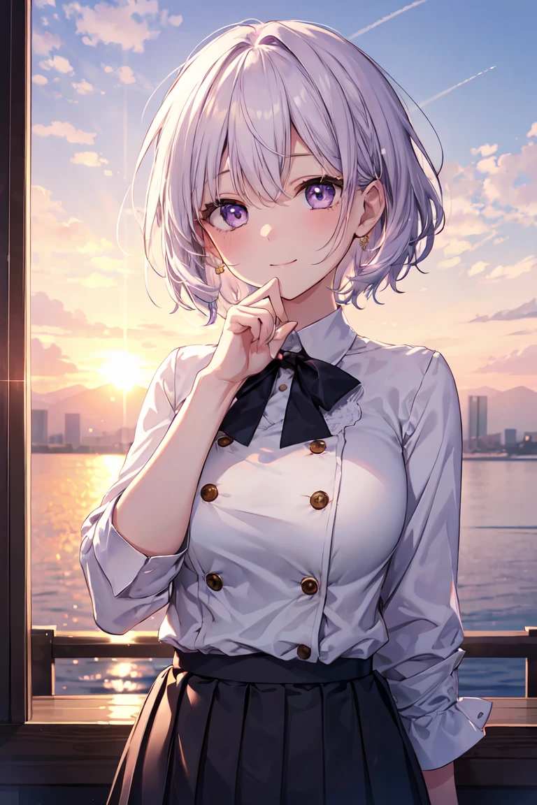 Highest quality, Detailed face, One Girl, Mid-breasted, smile, Casual clothing, skirt, (charm, Puffy eyes:1.2), Excellent anatomy, Show Viewer, Soft Focus, Golden Hour Lighting, Written boundary depth, short hair, Happy expression, White purple hair, lace shirt, skirt, Sunset sky