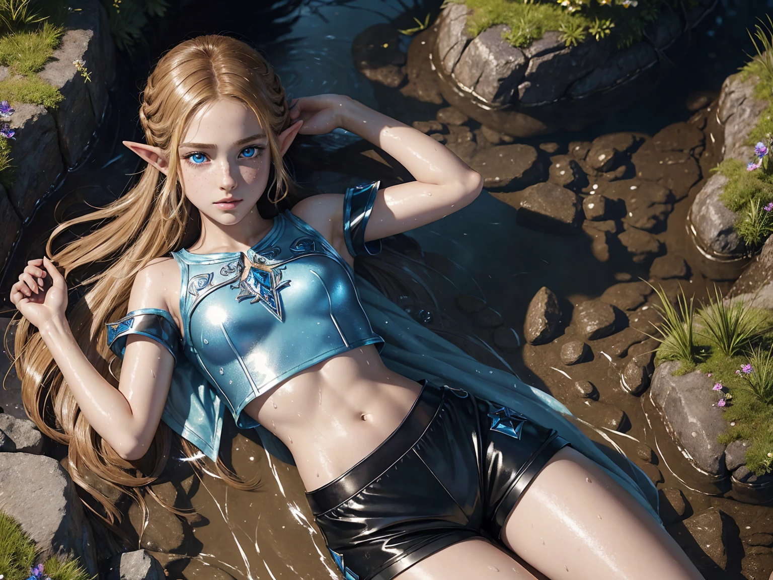 masterpiece. 4k. highly detailed epic fantasy oil painting of beautiful Princess Zelda. sparkly blue eyes, freckles. detailed stylish suit,
shiny reflective leather shorts for the summer. crop top shirt. athletic. Hyrule motif. lying on creek. sweating. rain. river. wet.
from above, eagle eye shot, far shot. wildflowers.