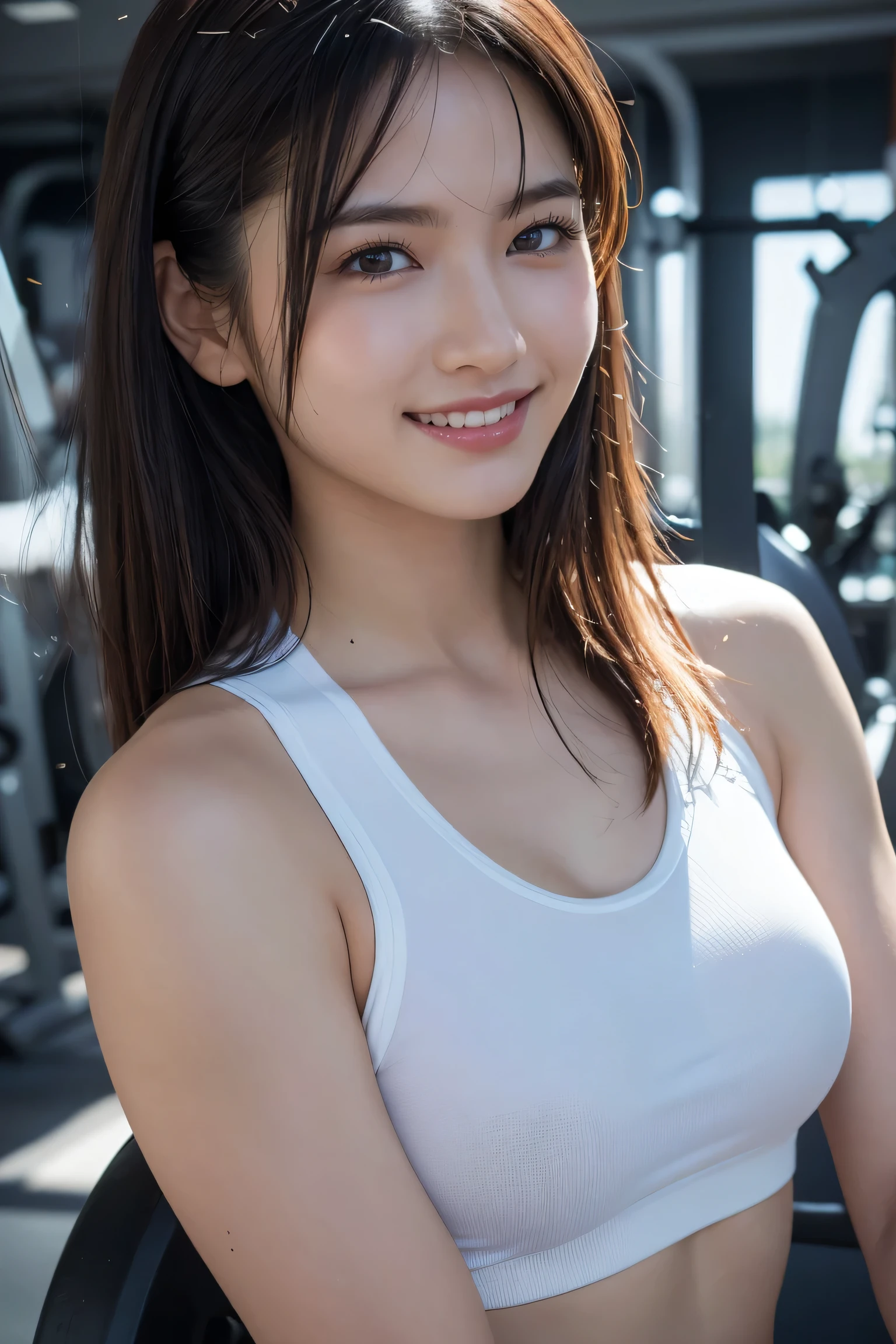 (Photorealistic: 1.4), (超Realisticな: 1.4), (Realistic: 1.3), (Smooth lighting: 1.05), (Improving Cinema Lighting: 0.9), 32k, 1 Girl, 20-year-old girl, Realistic Lighting, Backlight, Face Light, Ray-tracing, (Whitening Light: 1.2), (Image Enhancement: 1.4), ( Best quality Real skin: 1.4), Beautiful Eyes, Beautiful Face, Beautiful Eyes, (Improving the atmosphere of the body line: 1.1), (Improve the beauty of skin texture: 1.1), Gym wear that fits perfectly,smile、smile