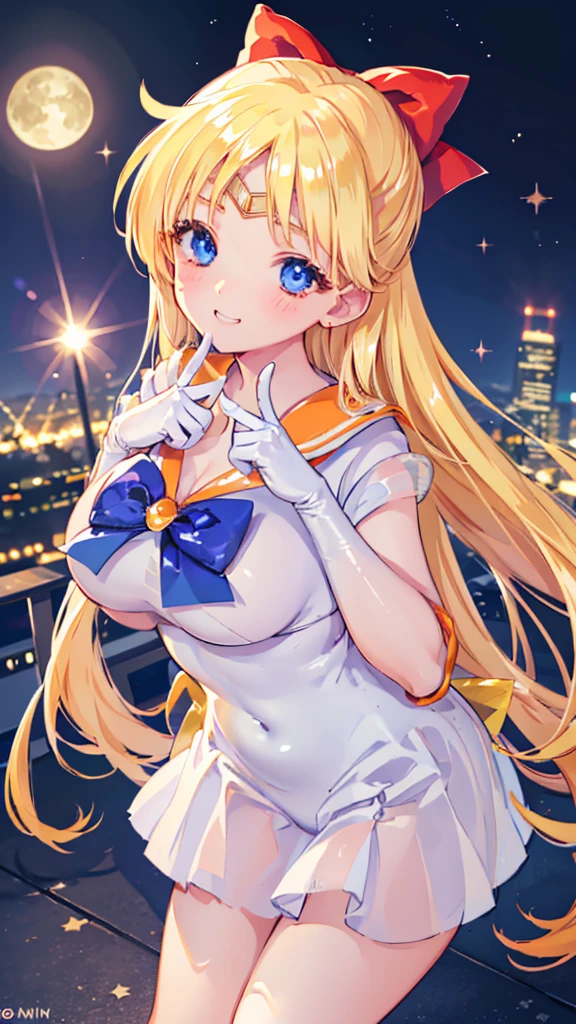 1girl, Angle from the front, ((She leans forward to accentuate her breasts and show off her bust.)), (Moonlit night)、(On the roof of a building)、thighs、(shiny White skin:1.6)、blue eyes, ((Slim figure)), (12 years old girl), (A sadistic and malicious grin), (Throwing kisses)、(Close one eye)、Hold your fingers up and bring them close to your mouth、(grin), (Shiny blonde hair)、Long hair, (forehead), Blue ribbon on chest, (Big red ribbon), ((Sailor Venus))、Sailor suit、(Orange pleated mini skirt)、 (The abdomen is exposed)、