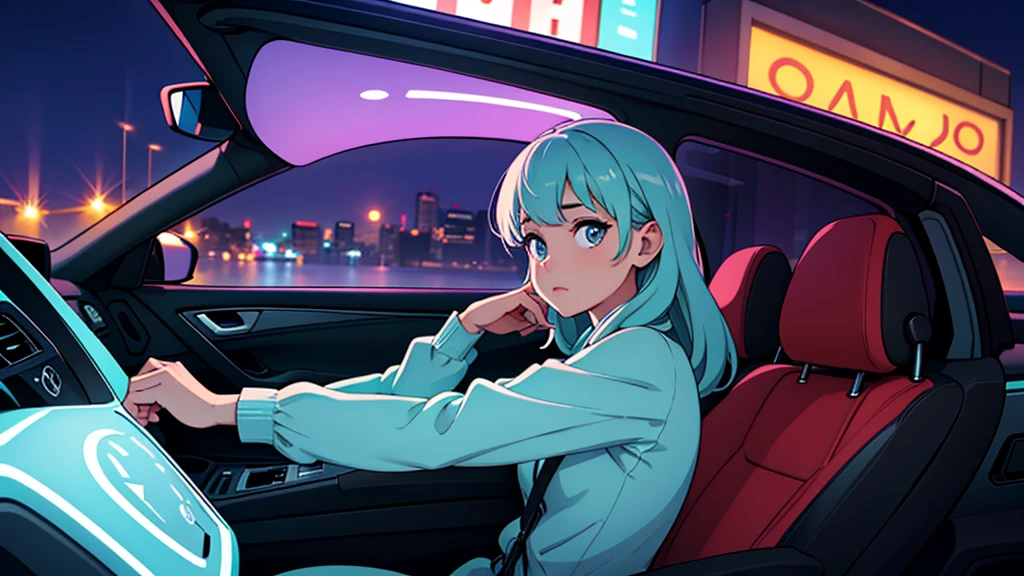 Create an image from the angle inside a car, showing a woman with a thoughtful expression on her face as she gazes out of the side window at the cityscape. The city outside should be visible, illuminated by streetlights and neon signs. Use soft, pastel colors and subtle gradients to capture a dreamy, reflective atmosphere. Ensure the interior of the car feels cozy and comfortable, adding to the overall serene vibe.