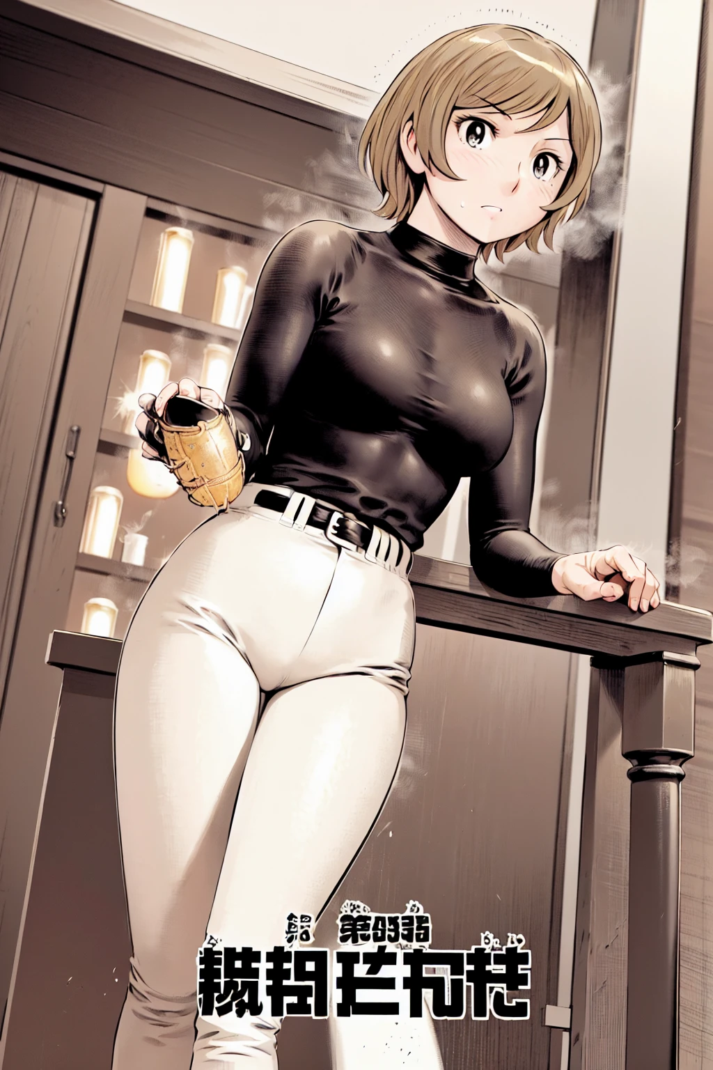 (野球uniform:1.2),
Blonde, (short hair:1.2),Long sleeve, Black Shirt, turtleneck,White trousers、uniform、Black belt、((Illustration of a person))、big 、
View your viewers,, (Highest quality:1.3),One Girl, White pants、uniform、Outdoor、baseball ground、ground、soil、blue eyes、Tight black shirt、(masterpiece、Highest quality)、Highest quality, Ultra-high resolution, (((masterpiece))), alone, big eyes、big Breasts、One Girl, Front view、Embarrassed face、Bronze colored hair、((short hair))、Stand up straight、Cowboy Shot