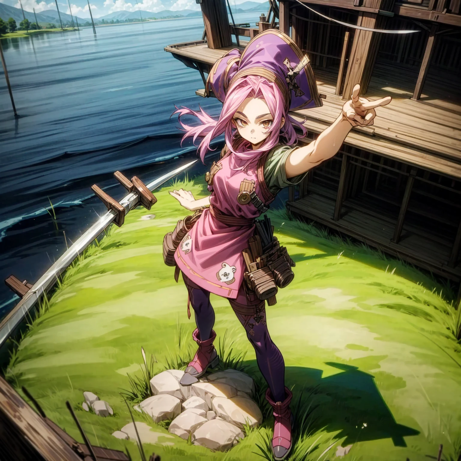1girl, Full body version, 1character, adult girl version, gold eyes color, long haircut, pink colour hair, Farmer villager style clothing, blue colour clothing, pirate hat, knife in hand, Grassroots, background in big ship, motion blur, (Hunter x Hunter style), standing gesture, high angle view