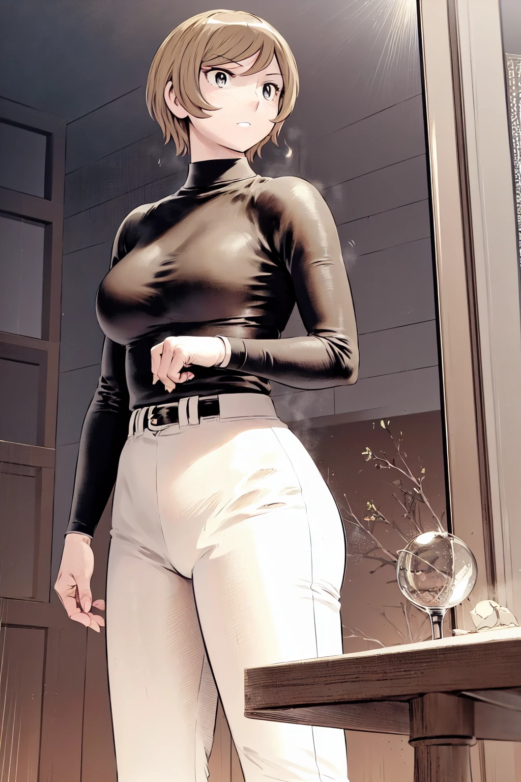 (野球uniform:1.2),
Blonde, (short hair:1.2),Long sleeve, Black Shirt, turtleneck,White trousers、uniform、Black belt、((Illustration of a person))、big 、
View your viewers,, (Highest quality:1.3),One Girl, White pants、uniform、Outdoor、baseball ground、ground、soil、blue eyes、Tight black shirt、(masterpiece、Highest quality)、Highest quality, Ultra-high resolution, (((masterpiece))), alone, big eyes、big Breasts、One Girl, Front view、Embarrassed face、Bronze colored hair、((short hair))、Stand up straight、Cowboy Shot