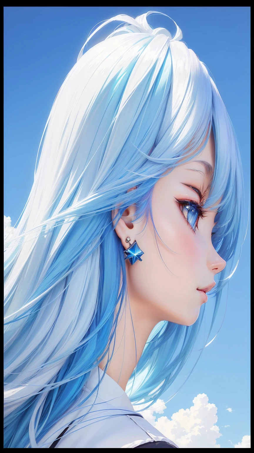 Blue Hair、Anime girl with earrings looking up at the sky, Anime Girl Profile, Beautiful anime portrait, White hair girl, Beautiful anime style, anime girl portrait profile, high quality Anime art style, beautiful Anime art style, Stunning anime face portraits, Beautiful anime face, Anime art style, White-haired lady, Anime art style, Aesthetic award-winning anime