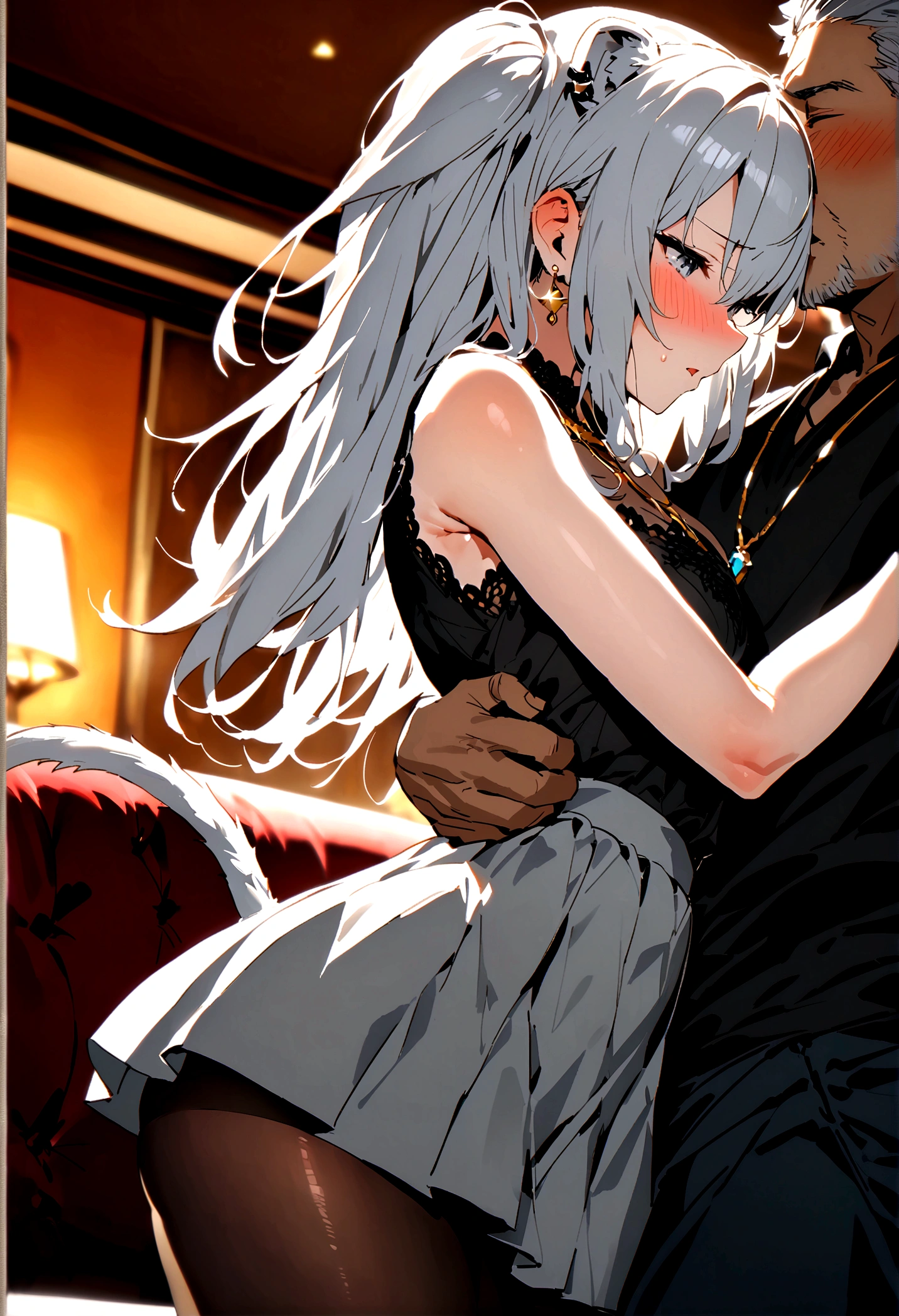 NSFW,masterpiece,Highest quality,High resolution,Super detailed,Shishirabotan\(Hololive\),Long Hair、Two Side Up、Earrings、Lion&#39;s Tail,necklace、Black Shirt、Sleeveless shirt、abdomen、See-through、Grey Skirt、片足pantyhose、pantyhose、Off the shoulder,Black sexy panties,Embarrassed,blush,Luxurious Room,pub,Private room,sofa,(Drunk),(Intoxication),heart,Sexy pose,Panty shot,(Middle-aged men),(A man puts his hands on her waist and hugs her),Deep kissing,From the side