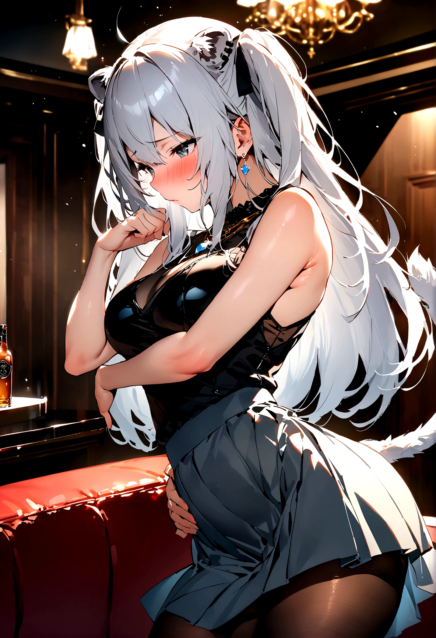 NSFW,masterpiece,Highest quality,High resolution,Super detailed,Shishirabotan\(Hololive\),Long Hair、Two Side Up、Earrings、Lion&#39;s Tail,necklace、Black Shirt、Sleeveless shirt、abdomen、See-through、Grey Skirt、片足pantyhose、pantyhose、fur-trimmed jacket、Black jacket、Off the shoulder,Black sexy panties,Embarrassed,blush,Luxurious Room,pub,Private room,sofa,(Drunk),(Intoxication),Sitting,heart,Sexy pose,Panty shot,(Strong-faced men),男性が隣にSitting,A man puts his hands on her waist and hugs her,to kiss