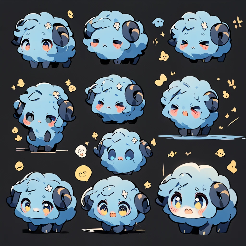 A whimsical blue sheep。emoji,anthropomorphic style,black strokes,solid background color,different emotions,multiple poss and expressions.8K--ar 3:4 --style cute --niji 5
