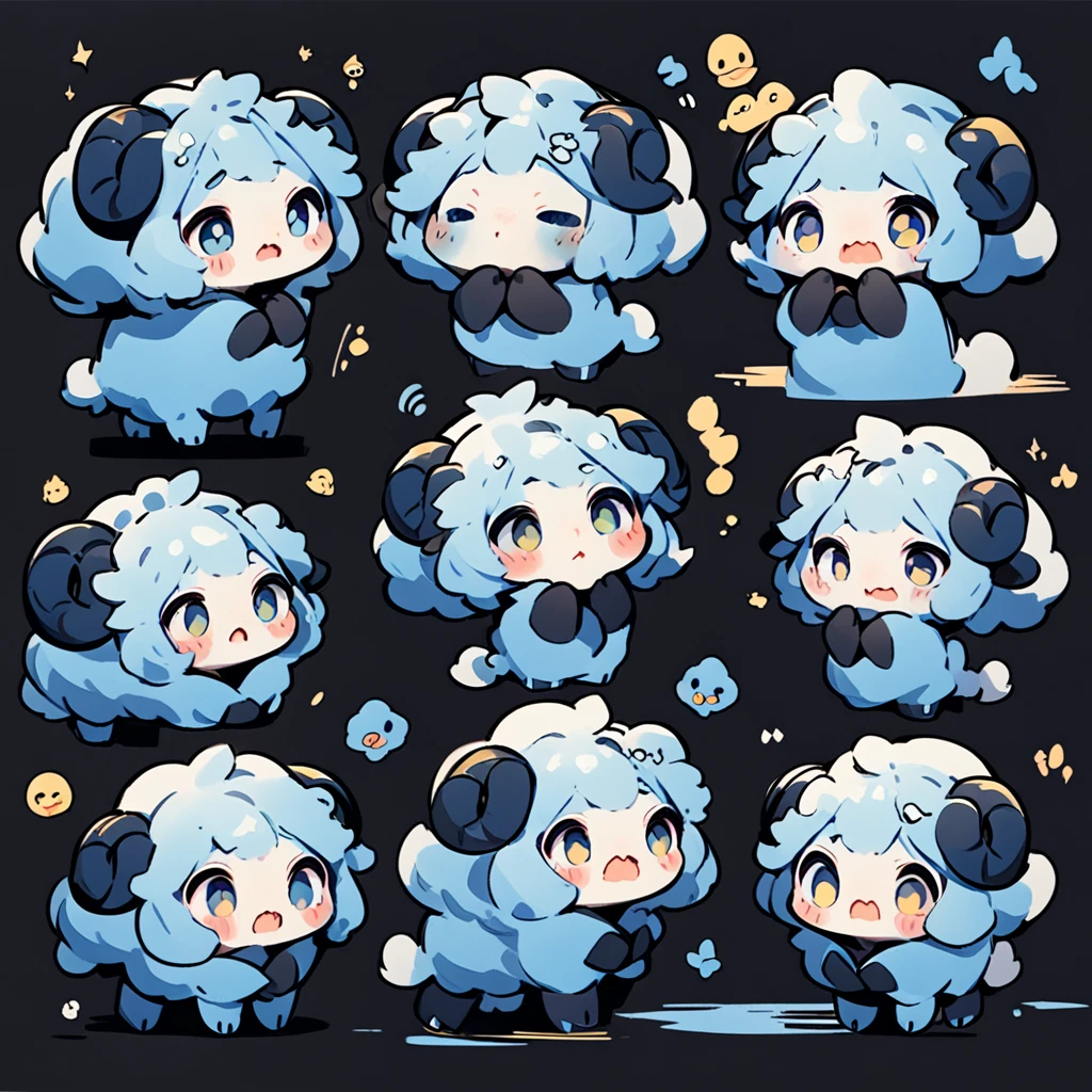 A whimsical blue sheep。emoji，anthropomorphic style，black strokes，solid background color，different emotions，multiple poss and expressions.8K--ar 3:4 --style cute --niji 5