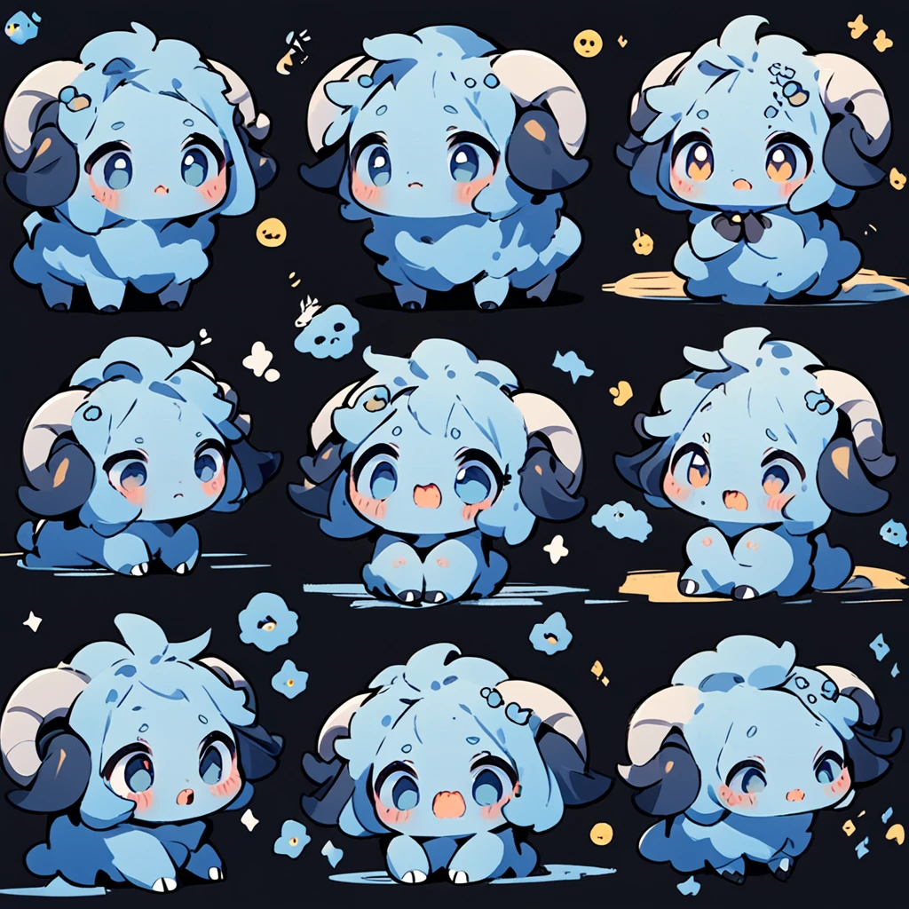 A whimsical blue sheep。emoji,anthropomorphic style,black strokes,solid background color,different emotions,multiple poss and expressions.8K--ar 3:4 --style cute --niji 5