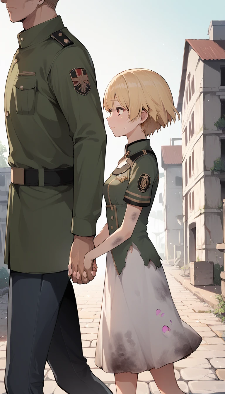 score_9, score_8_up, score_7_up, source_anime BREAK 
1girl, 14yo, _young, from side, small breasts, dirty torn dress, holding hands, hand in another's hand, blonde short hair, grey eyes, sad face, town ruins, outdoors, walking, size difference, faceless male, male face out of frame, male modern military uniform