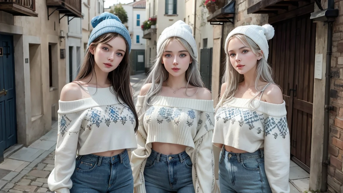 (3 girls), (best quality, Masterpiece:1.2),white skin, Round breast, Blue eyes, silver hair, 8K, The details are very realistic....., The best of photography perfect body, Thin waist, big breasts, Off-shoulder printed sweater, Guernsey hat, jeans, quiet alley, Lively